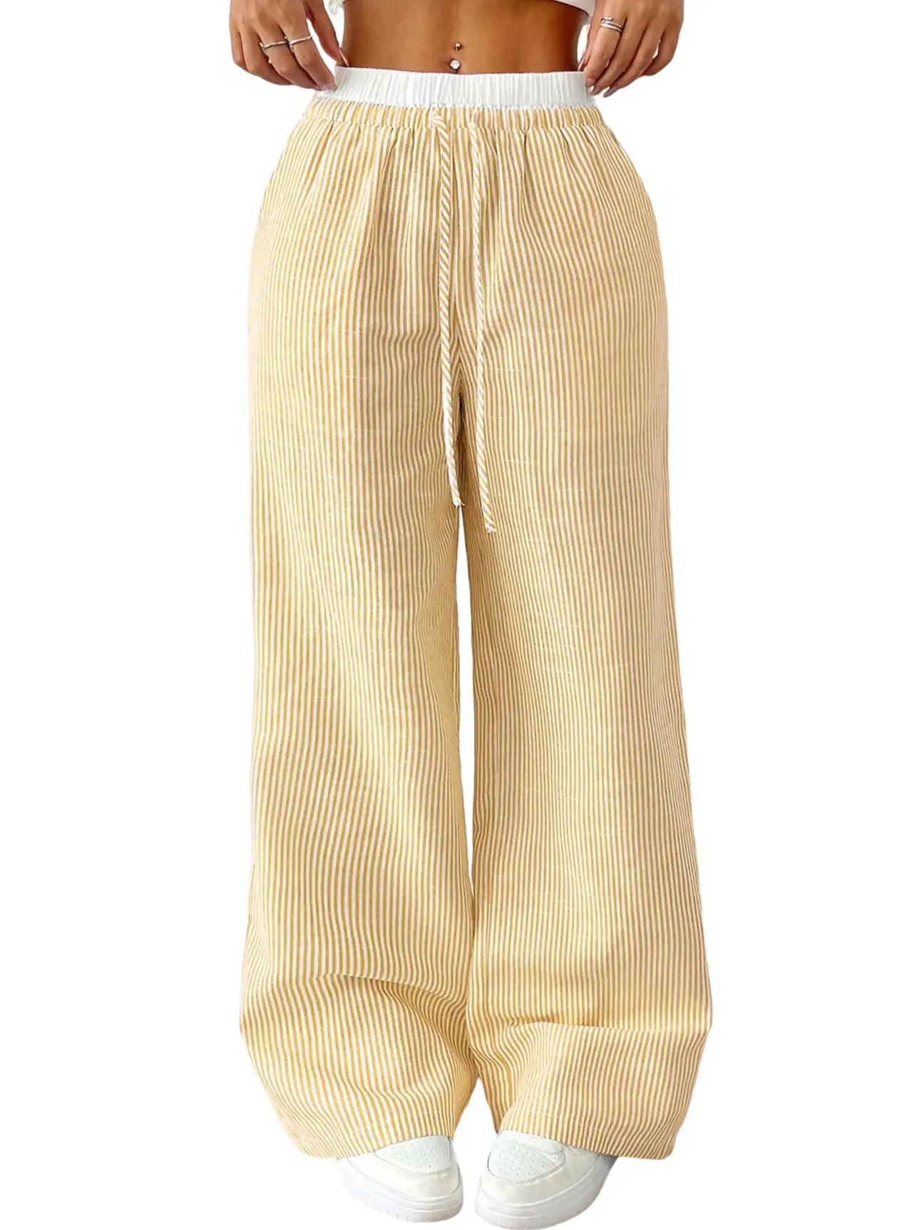Womens Striped Pants Wide Leg Elastic High Waisted Boxer Pants Lounge Pajama Casual Trousers with Pockets