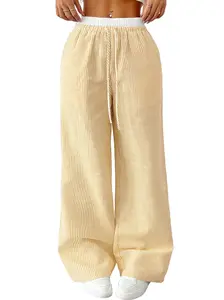 Womens Striped Pants Wide Leg Elastic High Waisted Boxer Pants Lounge Pajama Casual Trousers with Pockets