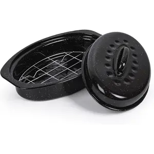 13" Roaster Pan with Lid and Rack, Small Enamel Roaster Pan with Oval Roasting Rack, Granite Baking Pot for Chicken Turkey Lamb, Heat Resistant, Oven/Dishwasher/All Stovestops Compatible