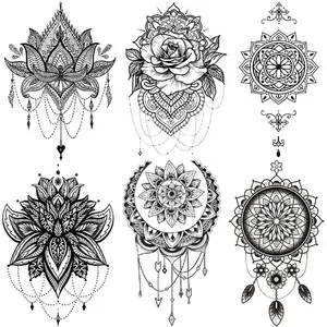 Boho Style Temporary Tattoos for Women, 6 Sheets Vintage Lotus Design, Bohemian Mandala Fake Sleeve Tattoo Stickers