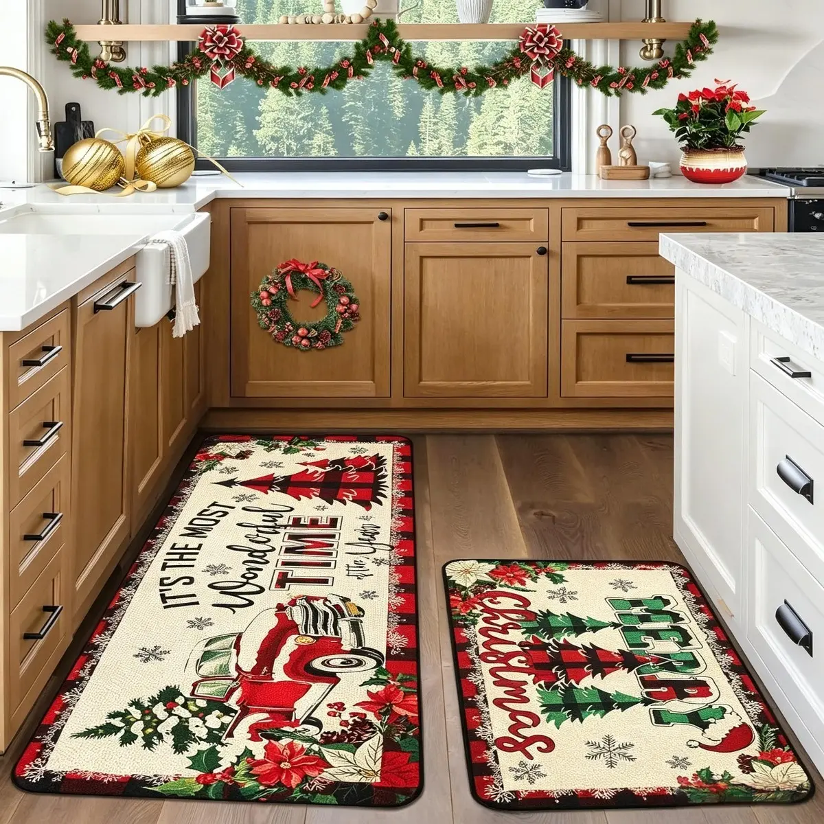 Christmas Doormat 2 Pack Non Slip Kitchen Mat Santa Claus Gingerbread Man Pattern Durable Easy Clean Entryway Floor Rug Home Decor