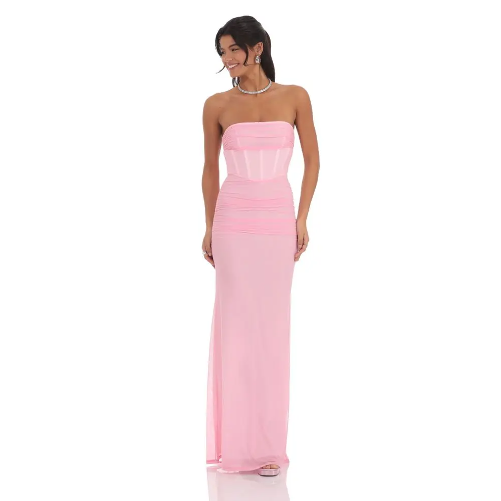 Mesh Strapless Corset Maxi Dress in Pink - TikTok Shop