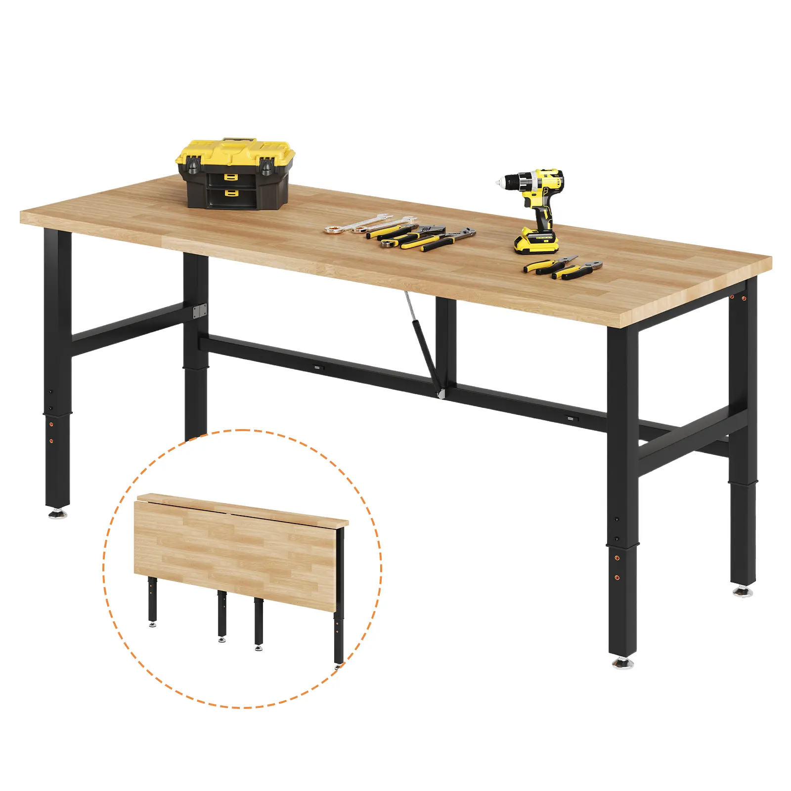 Amerlife Heavy-Duty Foldable Workbench with Rubber Wood Top, Foldable Desk, 40x20/60x22/72x24 in Sizes, 29"-39" Adjustable Height, for Garage, Workshop