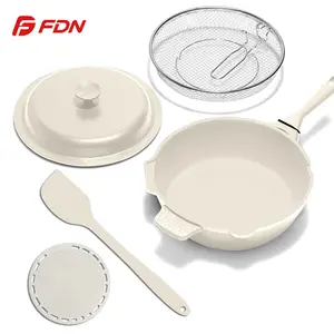 FDN 10-Inch Deep Skillet with Fry Basket & Spatula, Professional Ceramic Non-Stick Pan for Fried Chicken & French Fries, High Wall Saute Pan with Lid, PFAS-Free Kitchenware 5pc Ceramic Nonstick Skillet for Deep Fry & Saute, Cookware Frying