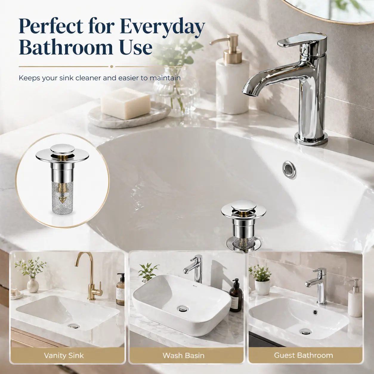 Pop Up Bathroom Sink Drain Stopper with Detachable Hair Catcher Strainer, Anti-Clog Wash Basin Drain Filter, Odor-Proof Sink Drain Replacement