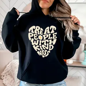 Women's Fun Print Hoodie English Print 'TREAT PEOPLE WITH KINDNESS' Black Cotton Knit Sweatshirt with Front Pocket Breathable Slightly Stretchy
