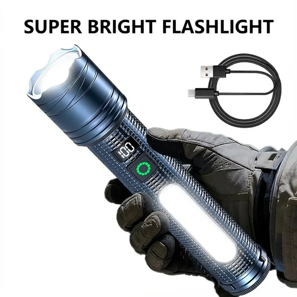 High Lumens Rechargeable LED Flashlight - 5 Lighting Modes, COB Side Light, USB Charging, Zoomable Long-Range Tactical Pocket Flashlight for Outdoor Camping, Emergencies, Portable Black Torch Illumination, Flashlight Pocket