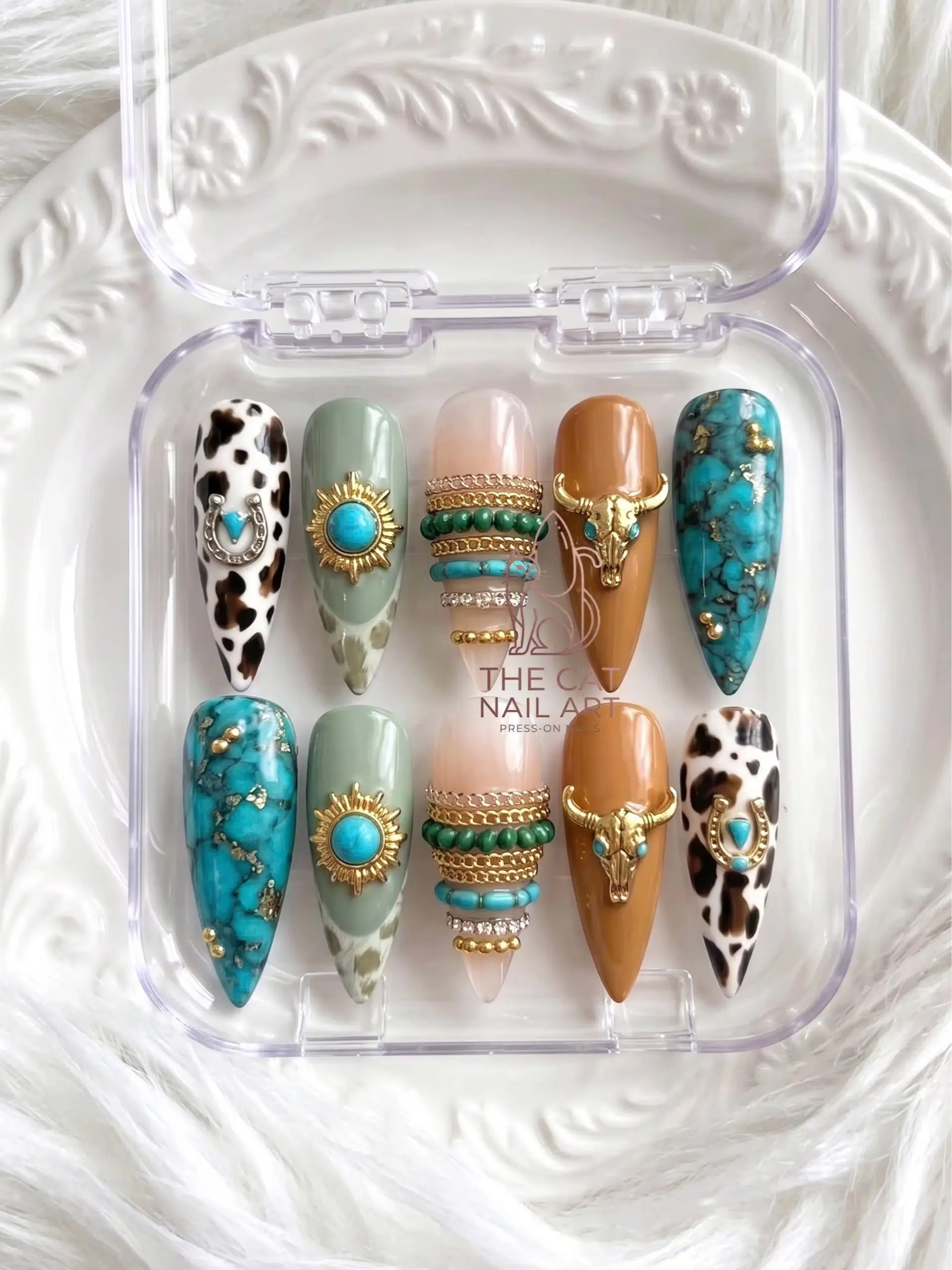 Western Gothic Press on Nails, Gold Bull Skull Turquoise Stone Cow Print