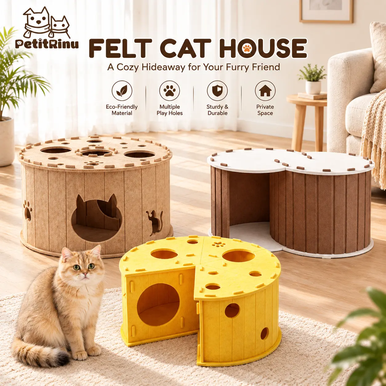 Felt Cat House for Small Cats & Kittens - Cozy Indoor Hideaway, Soft Bed, Multi-Functional Pet Furniture with Play Holes, Breathable Non-Stuffy Design,familyfun