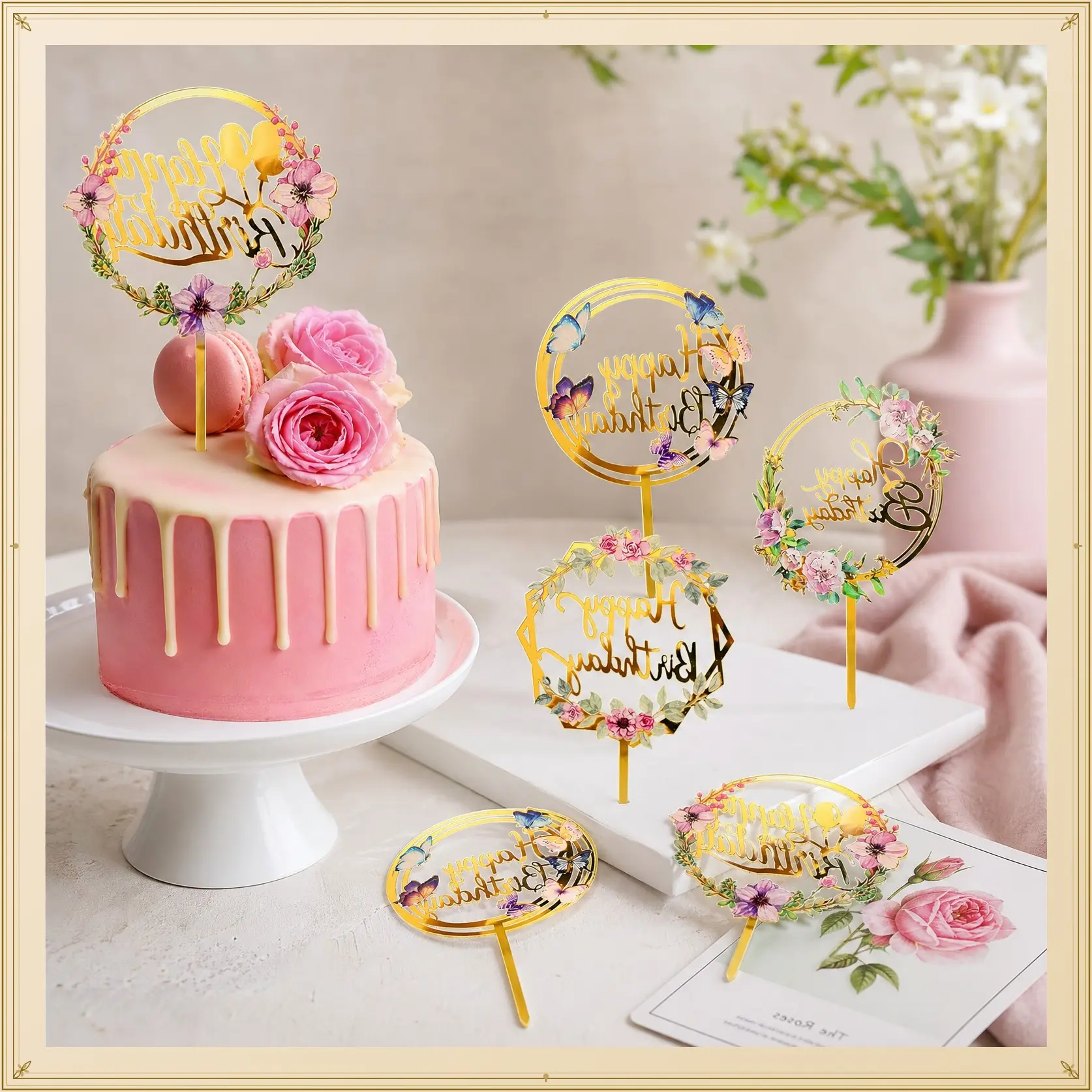 6 Pieces Happy Birthday Cake Toppers Gold Flower Acrylic Cupcake Cake Toppers for Various Birthday Party Anniversary Pastries Decorations Peonies Pastel