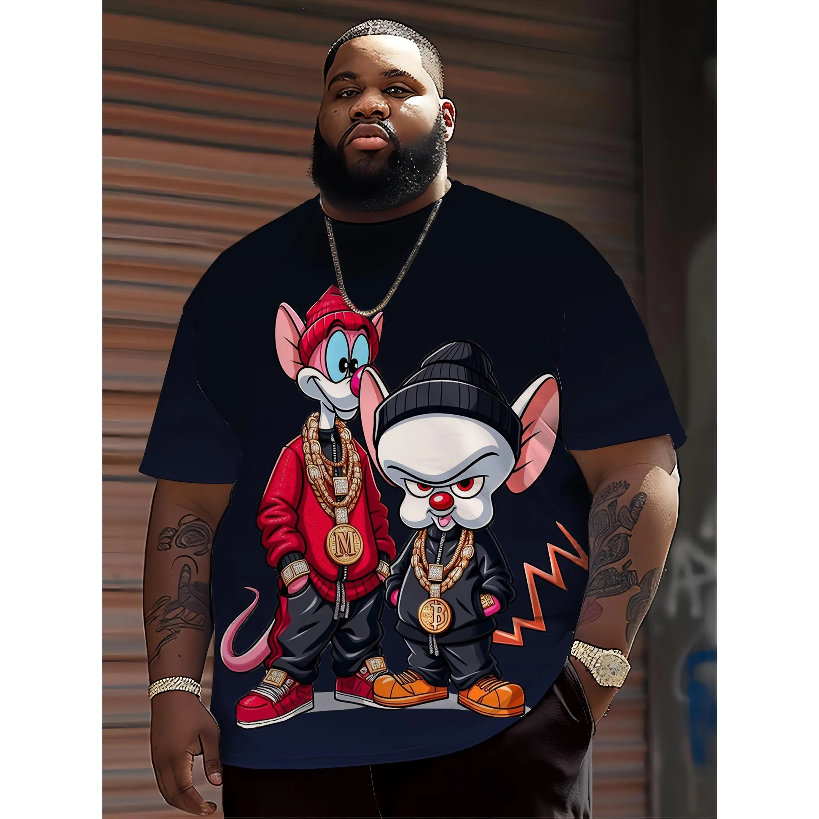 Men's Cartoon Animal Print T-Shirt, a Regular Fit Polyester Knit Short Sleeve Top for Summer Streetwear, Plus Size, Animal Theme, Round
