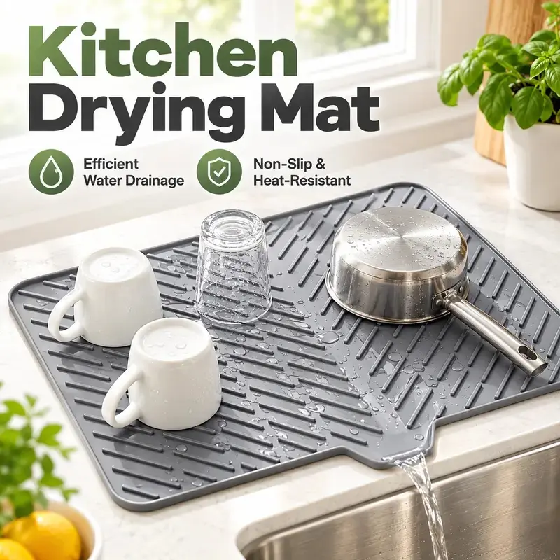Large Rectangle Modern Geometric Silicone Dish Drying Mat - Kitchen Supplies, Heat-Resistant, Scorch-Resistant, Reusable, Built-in Drain Lip, Easy-Cleaning Countertop Draining Board, Indoor Placemats & Coasters, Tableware Accessory