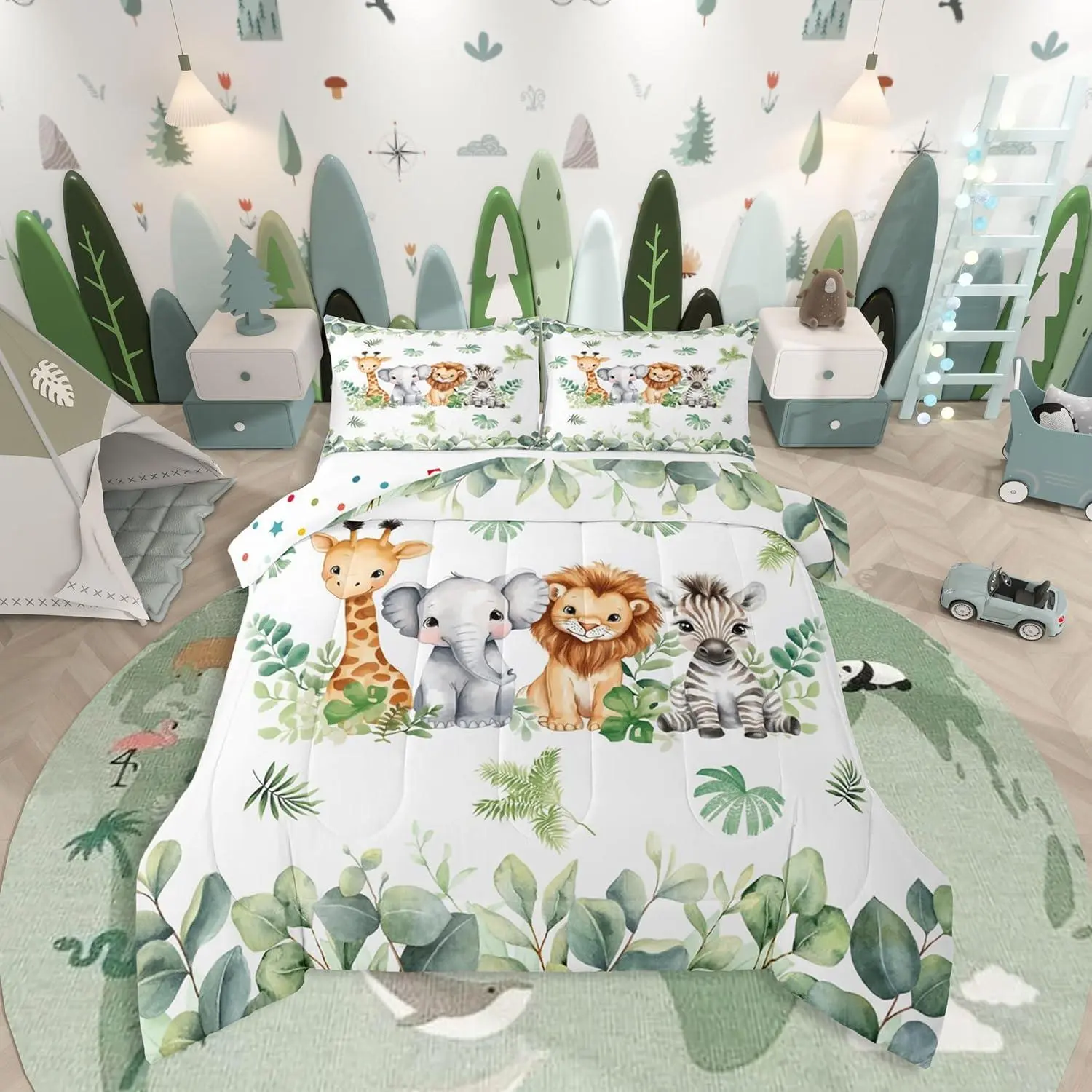 Jungle Animal Bedding Set,for Boys Nursery Giraffe Elephant Comforter Set for Kids Girls Baby Green Botanical Eucalyptus Palm Leaves Quilt Zebra Lion Safari Animal Duvet Insert