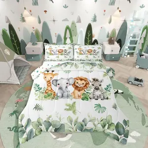 Jungle Animal Bedding Set,for Boys Nursery Giraffe Elephant Comforter Set for Kids Girls Baby Green Botanical Eucalyptus Palm Leaves Quilt Zebra Lion Safari Animal Duvet Insert