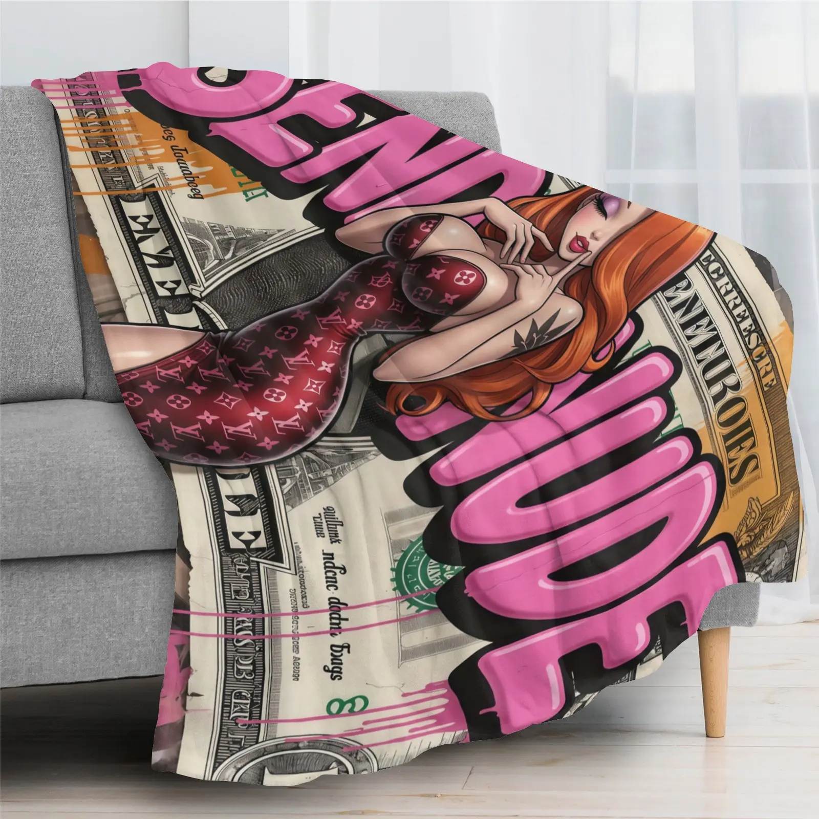 Jessica Rabbit Send Nudes Dollar Background Throw Blanket, Pop Street Graffiti Cartoon Flannel Blanket, Hip Hop Trendy Sofa Bed Warm Throw Bedroom Dorm Aesthetic Decor