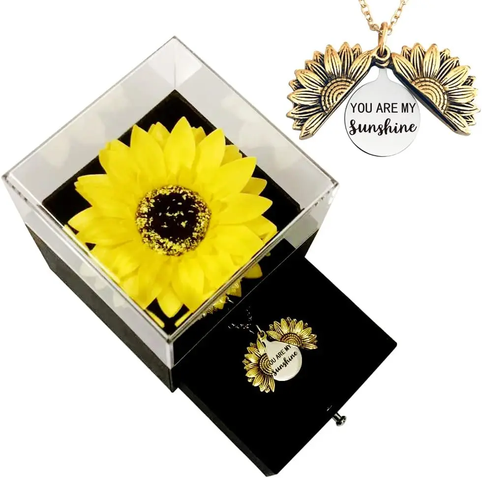 NO.BRAND Female Sunflower Locket Necklace - 3 cm Diameter, 14g Zinc Alloy, 45-50 cm Adjustable Chain Link, Hidden "You are My Sunshine" Message, Mother's Day Gift (Festive & Party Supplies for Anniversary, Christmas), Hidden Message