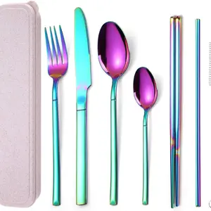 7 Pieces Stainless Steel Flatware Set Portable Reusable Cutlery Set Travel Utensils Set Including Chopsticks Knife Fork Spoon Straws Cleaning Brush Dishwasher Safe (Multicolored)