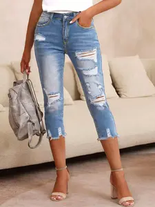 Slim Fit Ripped Women's Denim Capri Pants