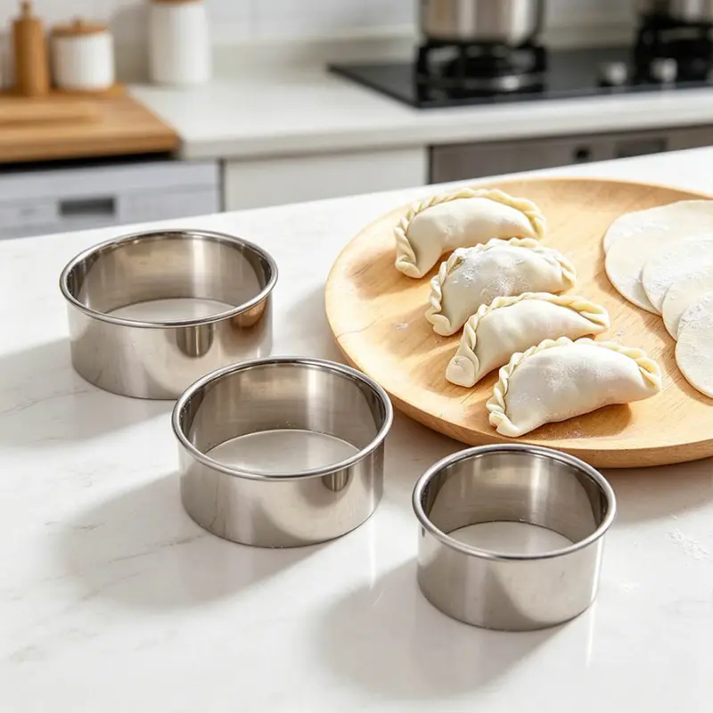 3 durable stainless steel round cookies and dumpling knives with sharp edges and dishwasher safety, perfect for making cookies, flower shaped dumplings, cake layers, and pastries. Rust free and reusable, perfect for daily cooking and holiday baking