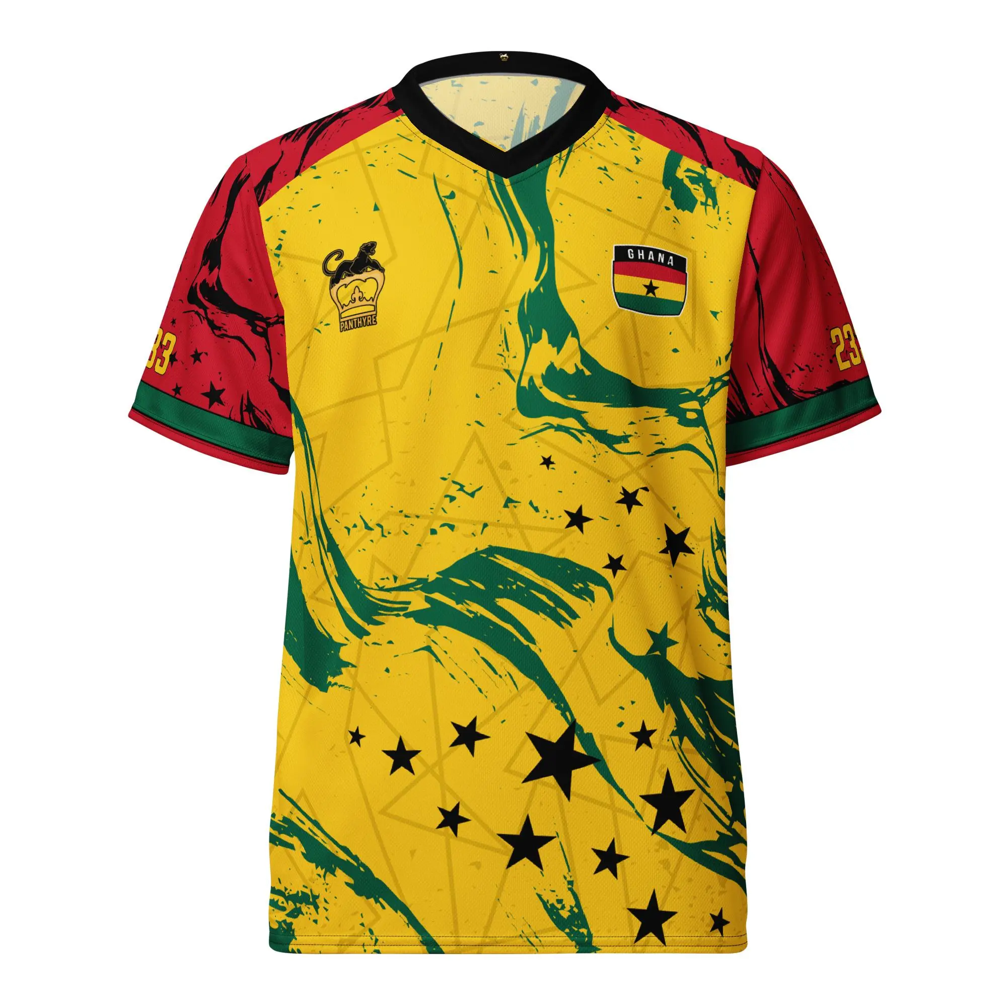 Ghana Soccer Jersey Black Stars Graphic Tee - Men's Ghanaian Pride Football Shirt, Abstract Brushstroke Red Gold Green African Heritage Sportswear