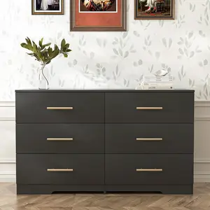 6 Drawer Dresser with Gold Handles for Bedroom, Modern Wide Chest of Drawers with Sturdy Frame for Living Room, TV Stand with Drawers Storage Cabinet Furniture for Closet Beside Living Room,Black Aesthetic Interior