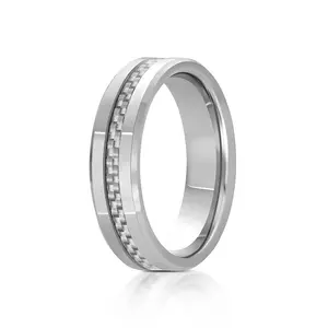 Silver 6mm Tungsten Carbide Wedding Band Ring with Grey Carbon Fiber Inlay and Beveled Edge - Men's Ring from Gentlemen's Bands