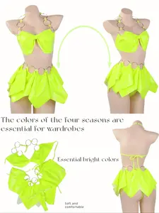 Women's Neon Lime Wrapped Bikini Set, Halter Neck Tie Back Bikini Top & Tie Side Swim Bottom & Metal Collar Set, Swimsuit for Beach Holiday Vacation