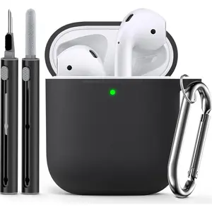 Airpods Case Cover 2&1 with Cleaner Kit,Soft Silicone Protective Case Compatible with Apple AirPods 2nd/1st Generation Charging Case with Keychain, Air Pod Case for Women Men-Black