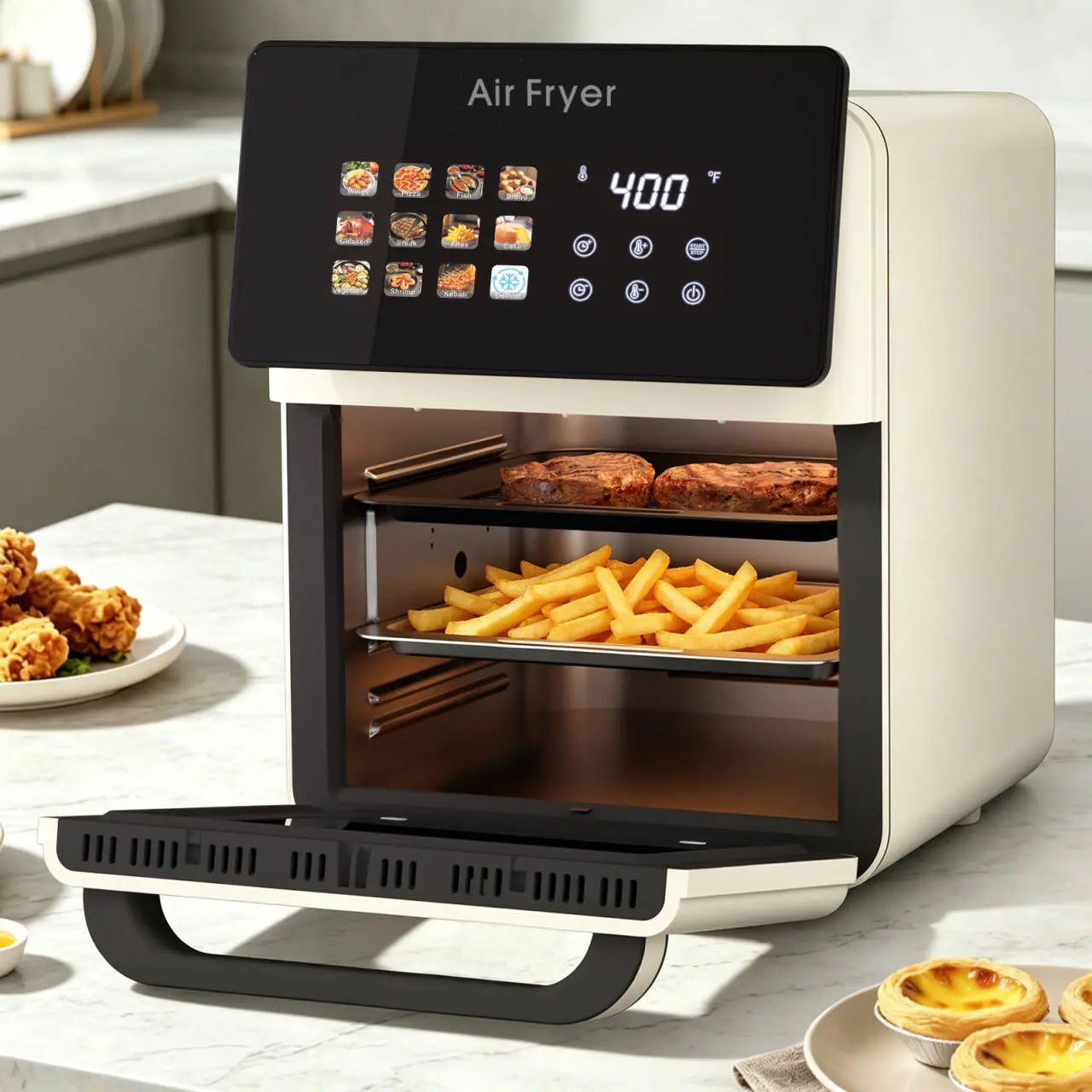 10L Large Xl Pro Air Fryer Oven With Grill Combo For Kitchen Countertop Use,12 in 1 Smart Convection Ovens,AirFryer With Glass View Window,Nonstick Basket,Fryer Liners,Removable Door-White