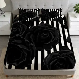 2/3 Pcs Black Rose And Black And White Striped Pattern Fitted Sheet Set(1* Fitted Sheet +1/2* Pillowcase, No Filling),Suitable For All Year Round, Perfect Gift For Family And Friends On Festivals!