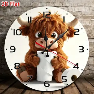 10inch Highland Cow Acrylic Wall Clock - Funny Wall Clock - Silent round design with cute cartoon cow motif - Perfect for living room, bedroom or outdoor party decor - Batteries not included