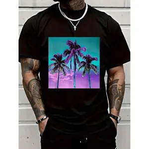 Vintage Tropical Cotton Tee With Black Palm Tree Print In Teal Turquoise And Purple For Men Father's Day