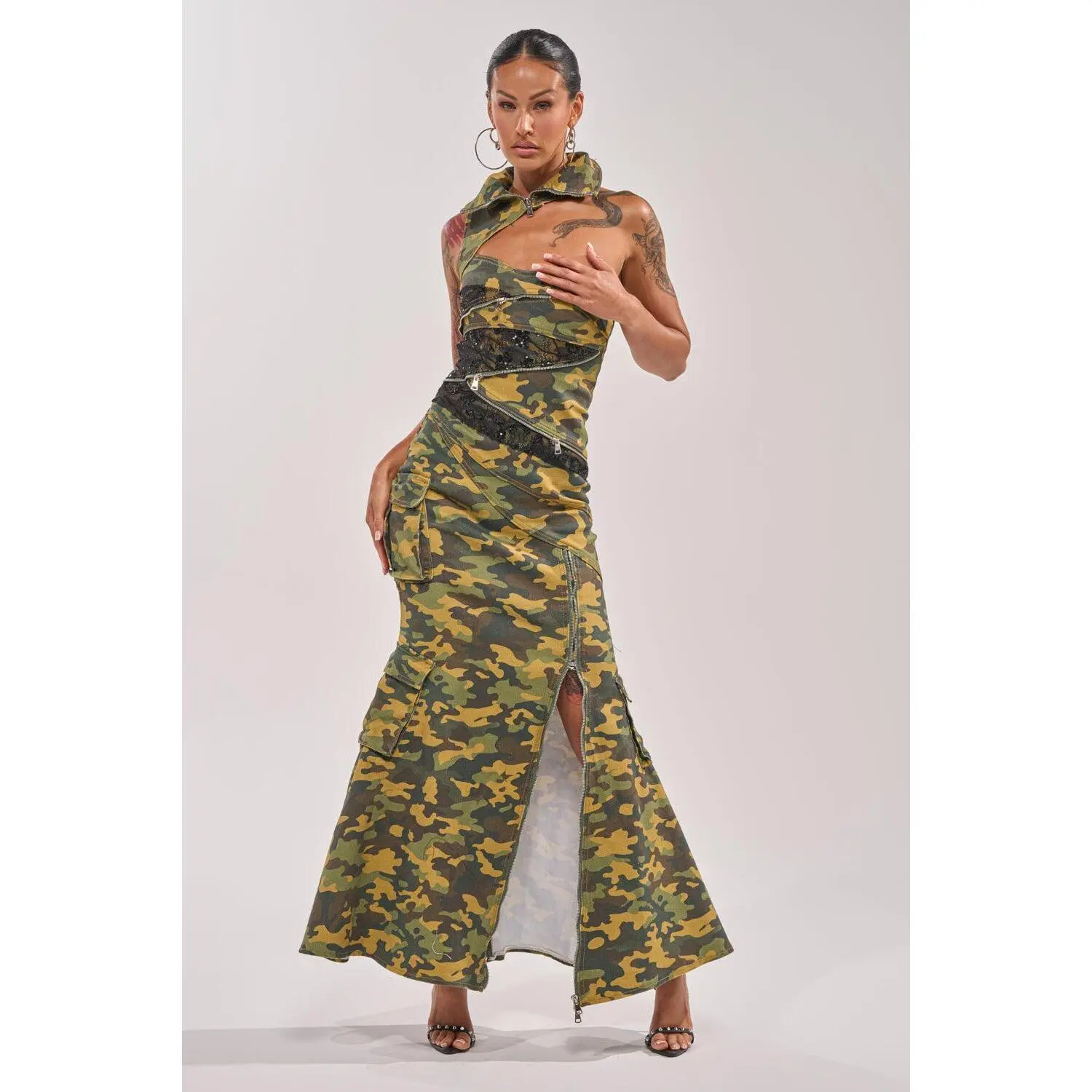 FUSED TOGETHER MOCK NECK MAXI DRESS IN CAMO