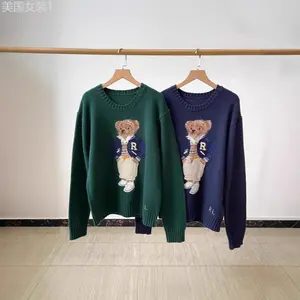 Autumn R Embroidered Baseball Sweater Cartoon Bear Sweater Loose Lazy Style Versatile Knitted SweaterGift