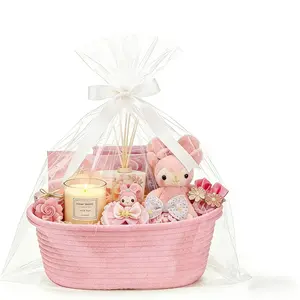 Boho Rope Woven Gift Basket Set 12"x 8"x 5" with Handles Ribbons and Bags for Bathroom Organizer Cotton Rope Storage Solution for Baby Gifts and Everyday Use - Shelf White