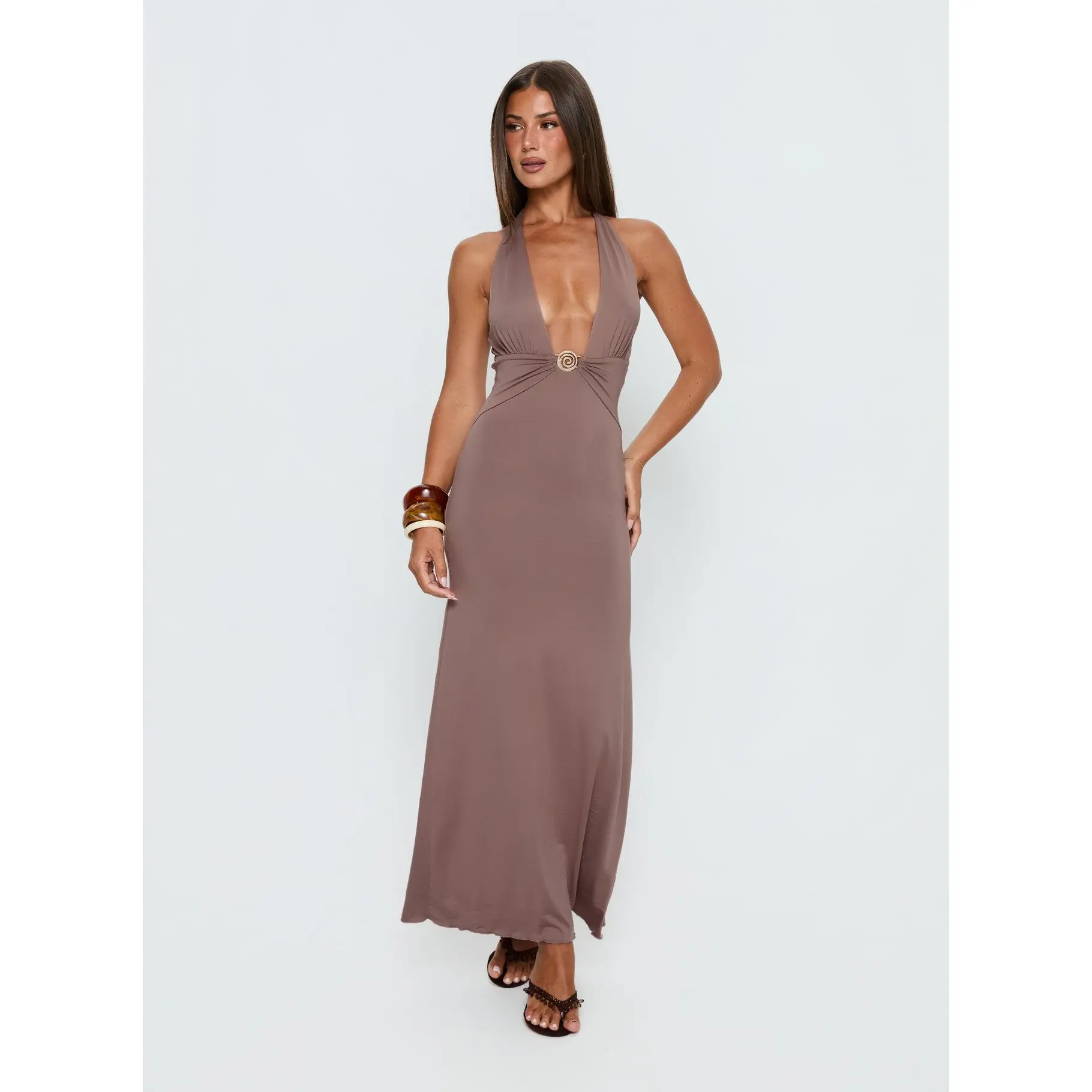 Naysana Halter Ruched Maxi Dress Mocha