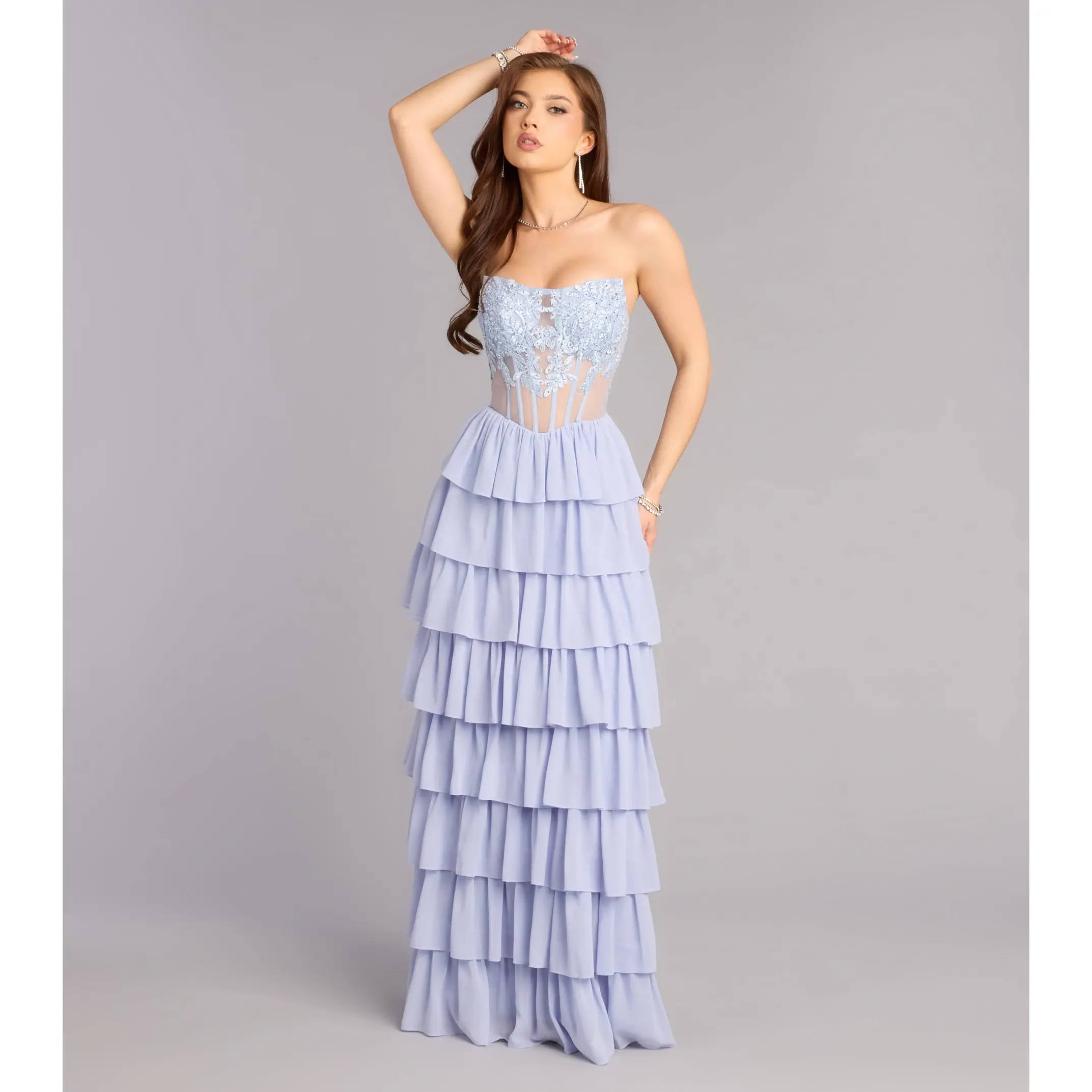 formal mardi gras ball dresses Primavera Couture 14055 Long Prom Dress Plus Size V Neck Sequin Lower –  Glass Slipper Formals main image 0
