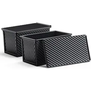 2 Pack Pullman Bread Loaf Pan with Lid, 1 Pound Dough Nonstick Loaf Baking Pans, Metal Bakeware for Sourdough Sandwich Homemade Bread, Carbon Steel Corrugated Toast Tin, Black