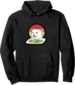 Funny Woman Yelling at Confused Cat Dinner Table Salad Meme Pullover Hoodie