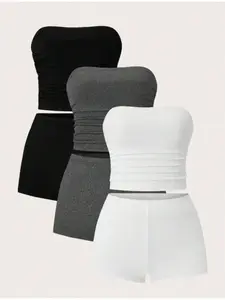 Women's Solid Color Crop Tube Top & Shorts Set, Casual Comfy Breathable Two-piece Outfits for Daily Wear, Ladies Clothes for Summer