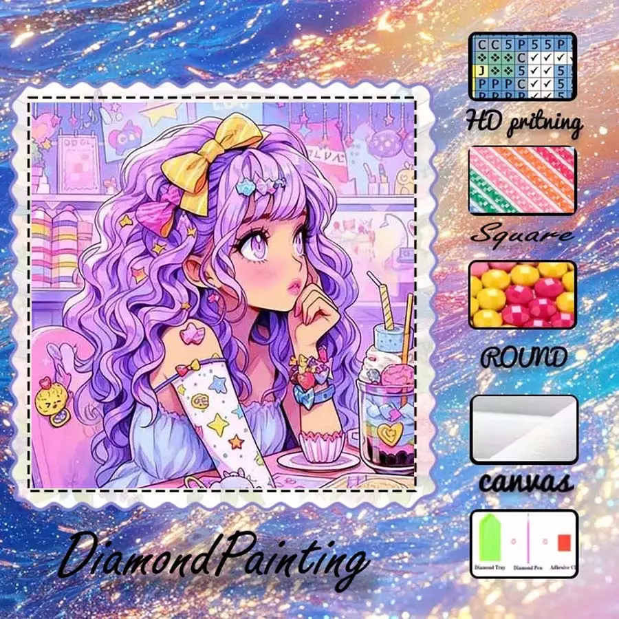 DIY 5D Flocking Cloth Diamond Painting Handcraft Kit, AB Drill, Crystal Drill, for Girls, Purple, Dessert Diamond Embroidery, Diamond Art Kit, Wall Decoration, Handmade Gifts, Gift for Family, Loved Ones, and Friends