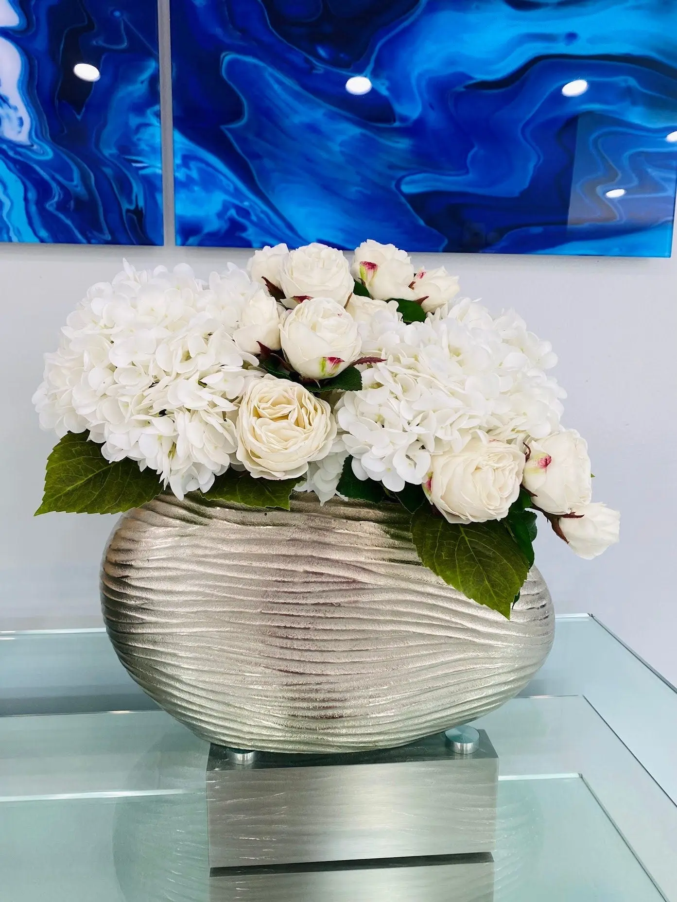 Elegant Roses & Hydrangeas in Silver Vase - 15'' High Decorative Arrangement for Living Rooms & Offices - Perfect Gift for Special Occasions