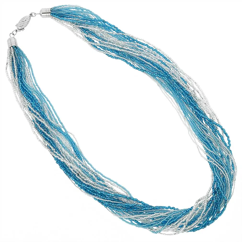 GlassOfVenice Gloriosa Women's 24-Strand Murano Glass Beaded Necklace, 20-in Handcrafted Charm Casual Classic Layering Jewelry with Bling Effect, Silver Aqua, Twist Closure, Meaningful Valentine's Day Gifts