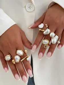 Women's Elegant Fashion Jewelry Set, Vintage Baroque Style Faux Pearl Asymmetric Hollow Out Design, Stackable Rings Collection, Statement Rings