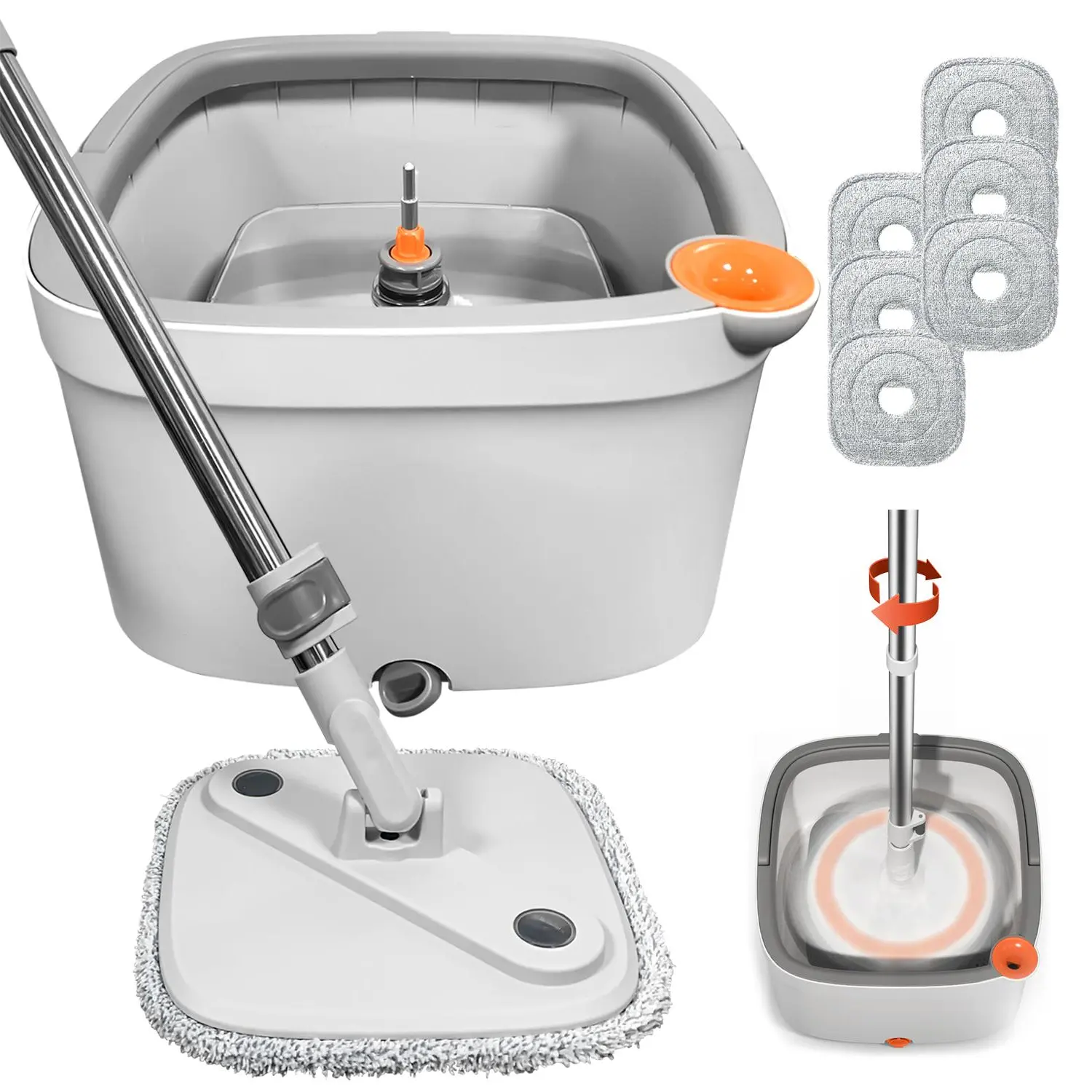 Light Gray Spin Mop with 6 mop pads