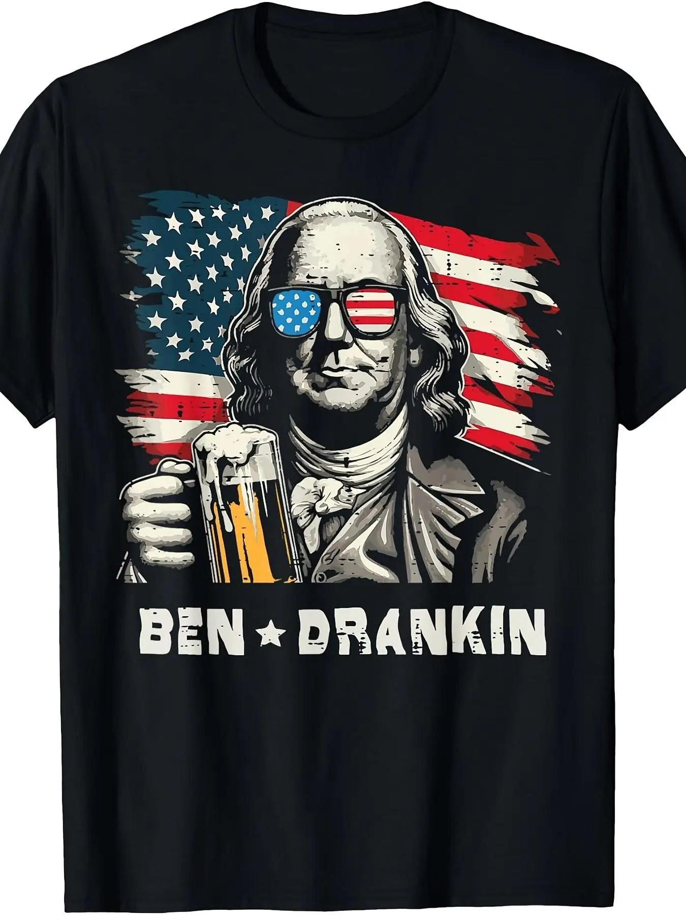 Ben Drankin Benjamin Franklin Patriotic Graphic Tee for July 4th, Unisex Vintage Casual Crew Neck Printed Top, Breathable & Comfortable, Machine Washable, Ideal for Daily Commute & Outdoor Activities