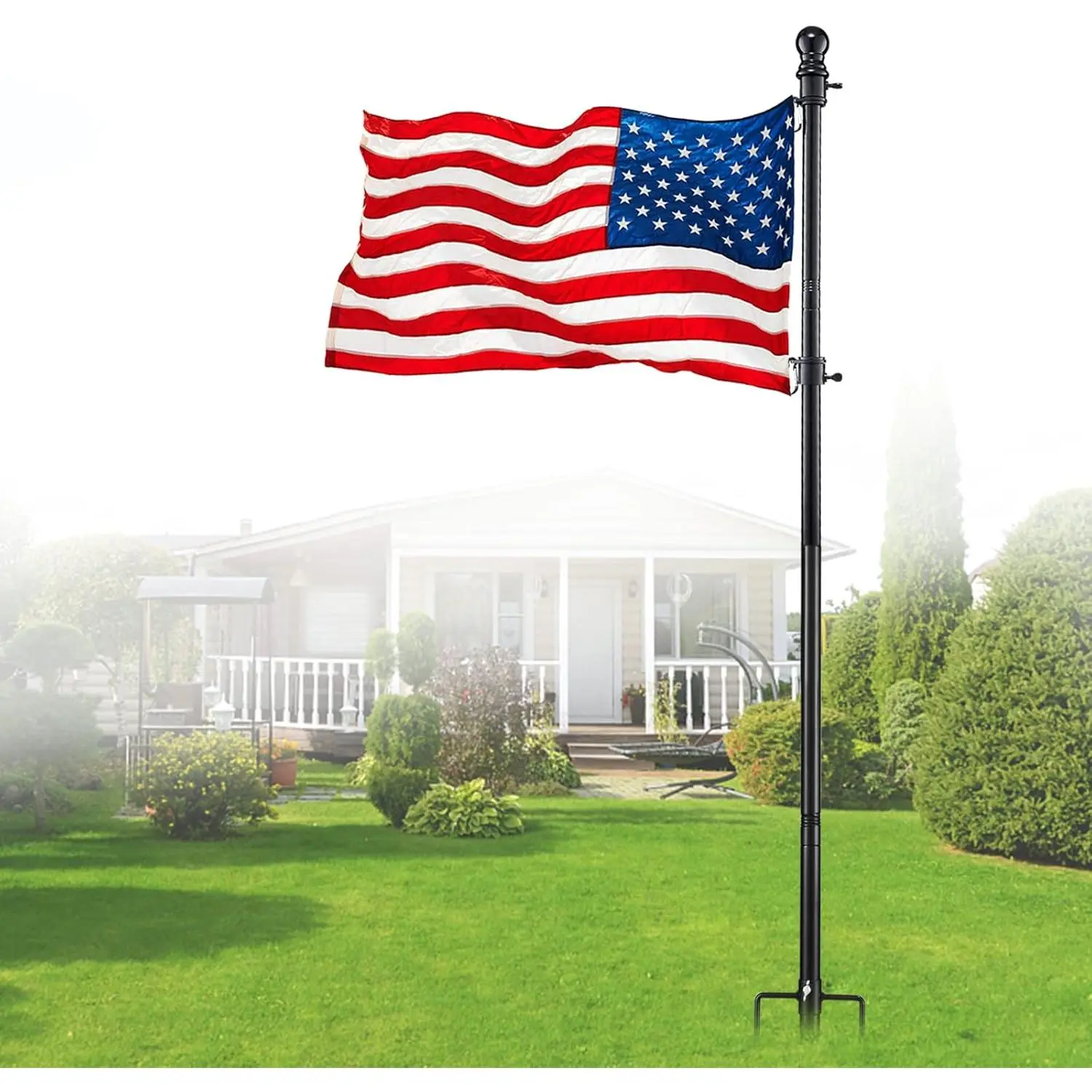 8ft Inground Outdoor Flagpole Kit with American Flag, 2-Prong Base, 15"-80" Adjustable Ground Mount, 360-Degree Free Rotation for Outside House