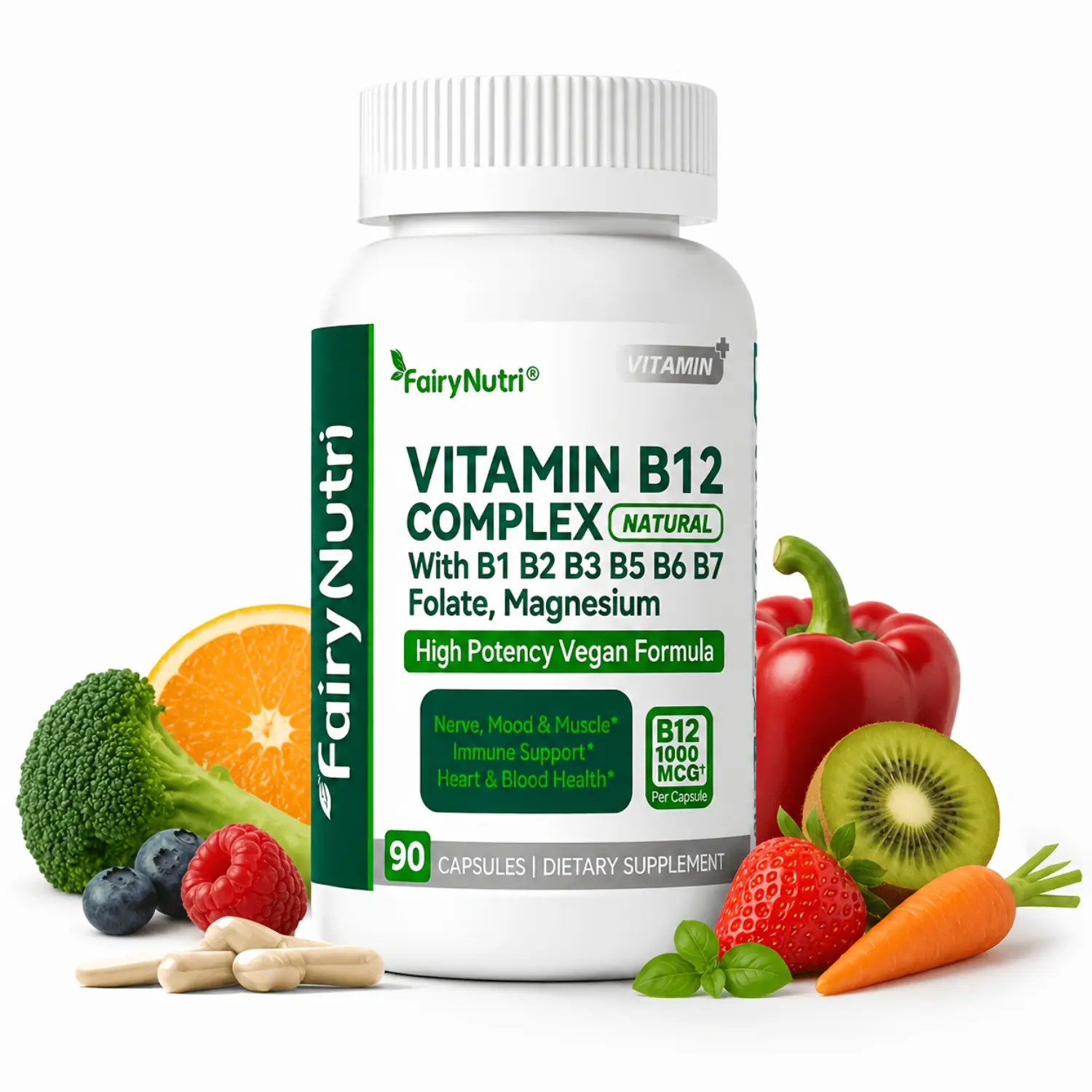 Vitamin B12 Complex 1000mcg High Potency B Complex Supplement With Folate Magnesium 90 Capsules
