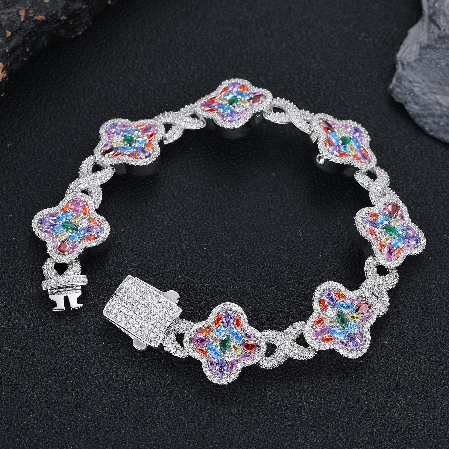 QUEENDO Elegant Classic 4-Leaf Clover Star Bracelet - Copper Base, Multi-Size, Multi-Color Pave Metallic Rhinestones, Unisex Daily Wear Jewelry for Women, Birthday Valentine’s Day Gifts, 4-Leaf Clover Bracelets & Bangles, Plants, Four Leaf Clover Bracelet