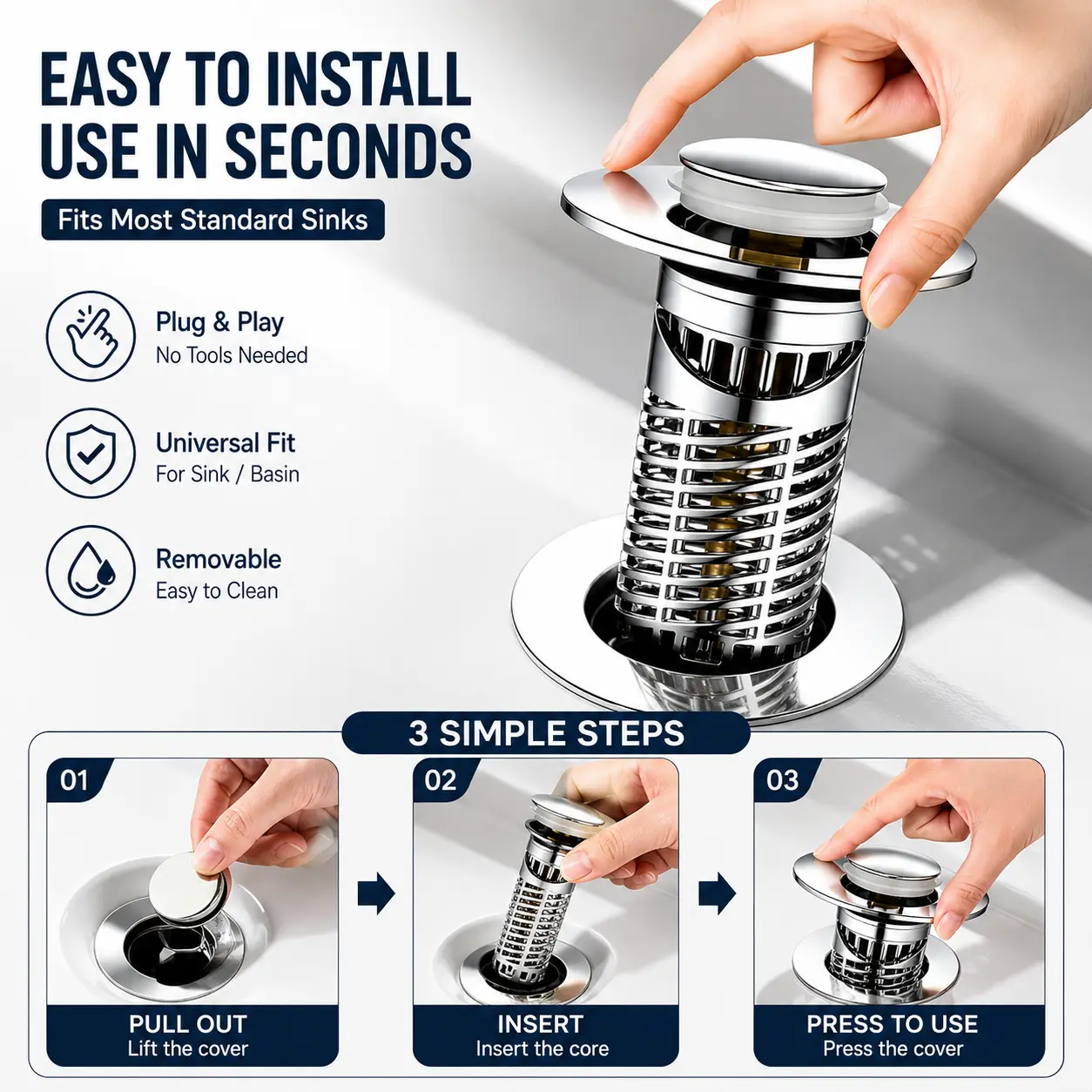 2-Pack Bathroom Sink Drain Stopper, Stainless Steel Pop Up Drain Filter, Hair Catcher Basket, Anti-Clog & Easy Clean
